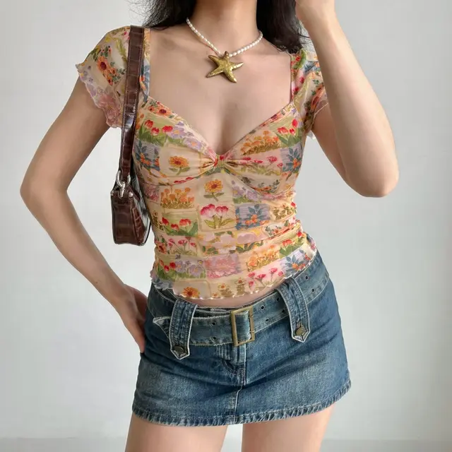 Oil Painting Flower Printed V neck T shirt Women's Mesh Short Sleeve Top - Shop at LoveMi