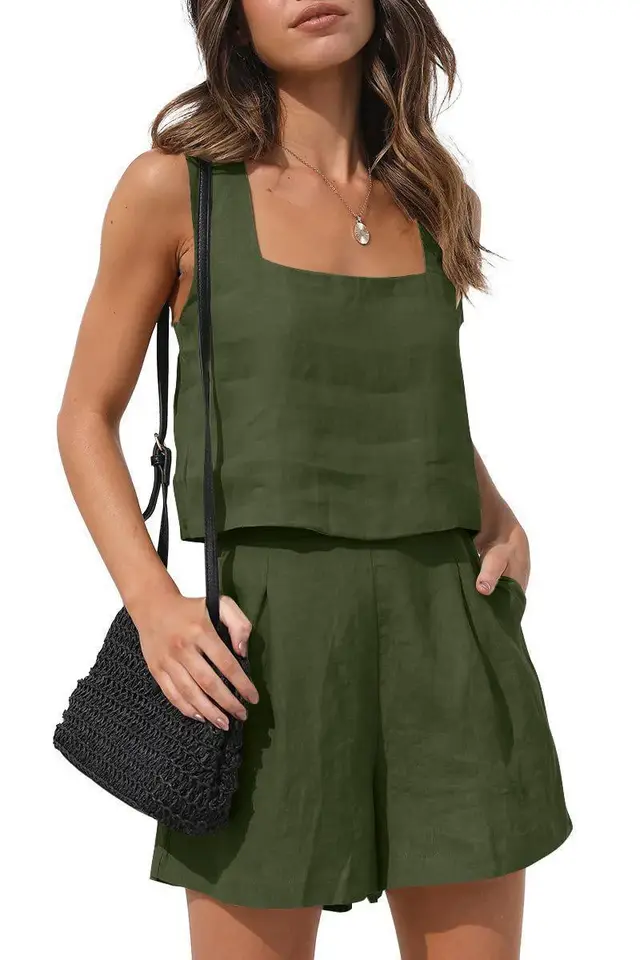 Linen Shorts Sleeveless Top Vest Army Green - Shop at LoveMi