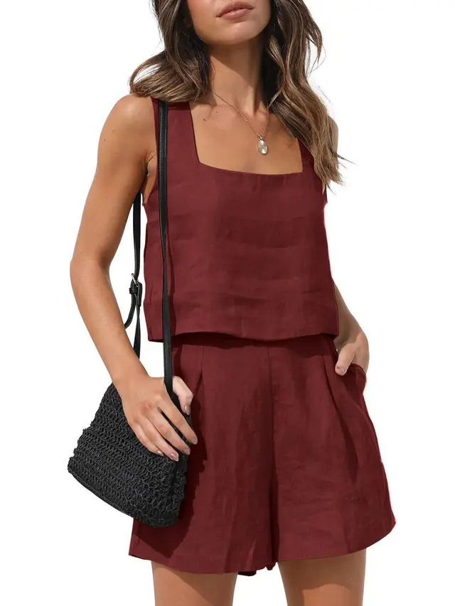 Linen Shorts Sleeveless Top Vest Wine Red - Shop at LoveMi