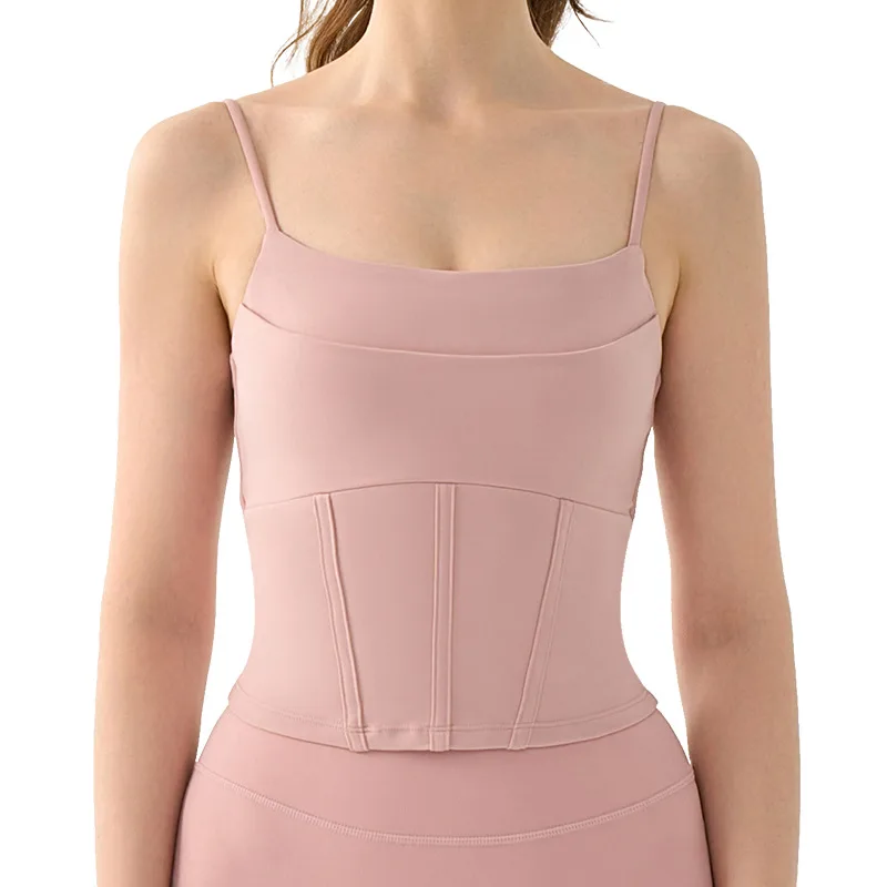 Fake Two piece Yoga Vest Female Semi fixed Fishbone Tangent Vest Tops Outerwear Tan - Shop at LoveMi