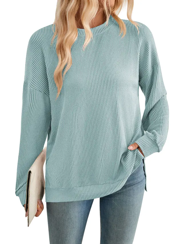 Women's Wave Striped Loose Long Sleeve Slit Sweater Bean Green - Shop at LoveMi
