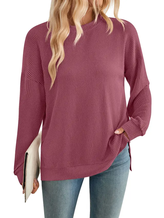 Women's Wave Striped Loose Long Sleeve Slit Sweater Wine Red - Shop at LoveMi
