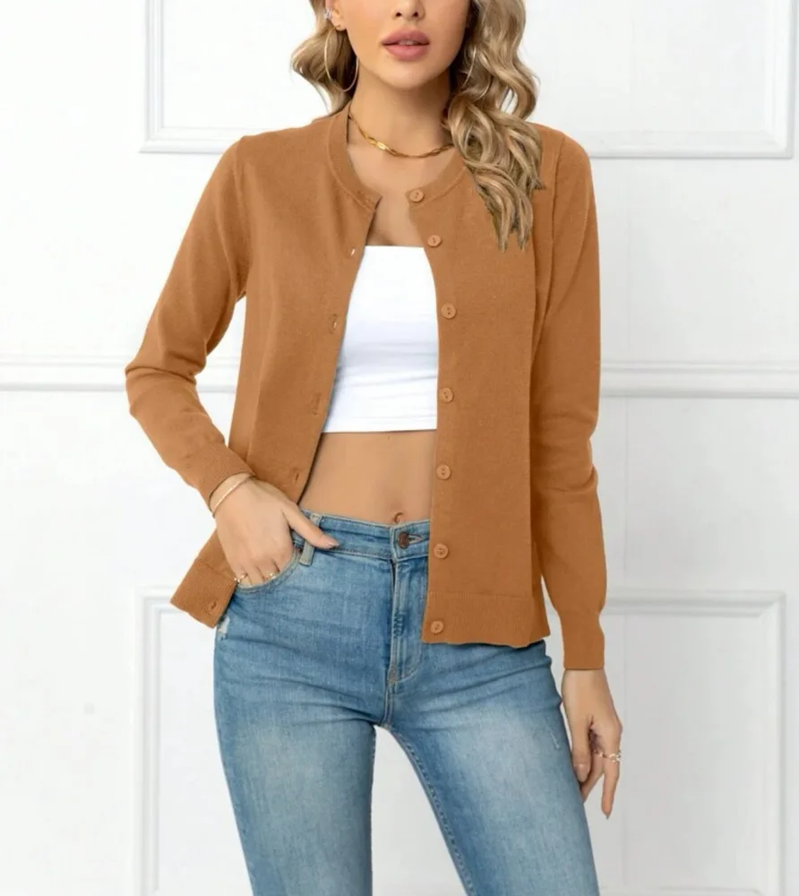Women's Buckle Round Neck Long Sleeve Soft Knitted Sweater Camel Color - Shop at LoveMi