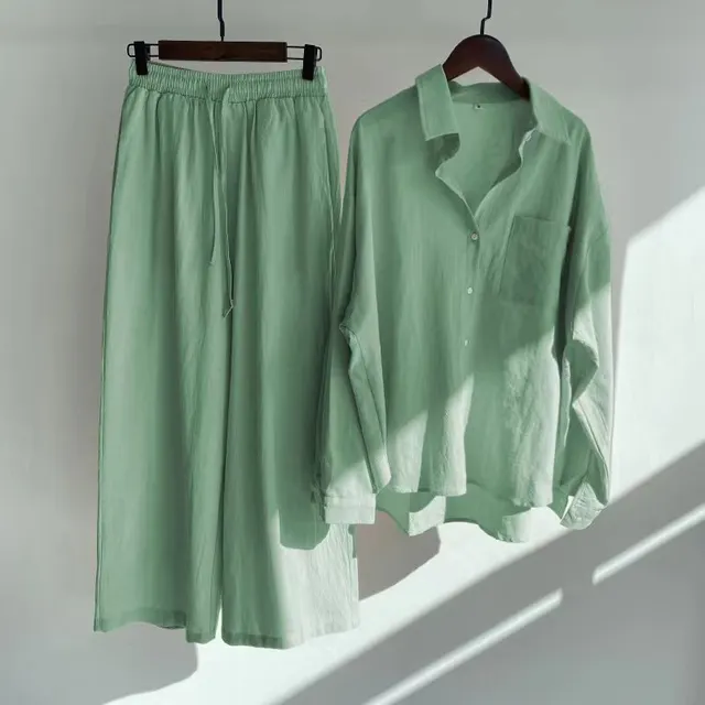 Cross border Women's Ancient Cotton And Linen Shirt Outfit High Waist Loose Trousers Clear Green - Shop at LoveMi