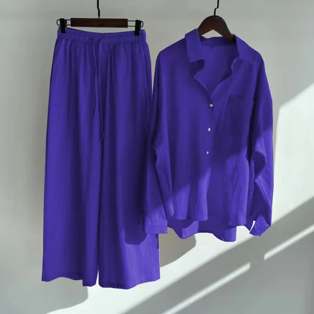 Cross border Women's Ancient Cotton And Linen Shirt Outfit High Waist Loose Trousers Dark Blue - Shop at LoveMi