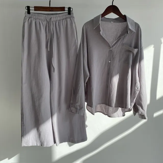 Cross border Women's Ancient Cotton And Linen Shirt Outfit High Waist Loose Trousers Gray - Shop at LoveMi