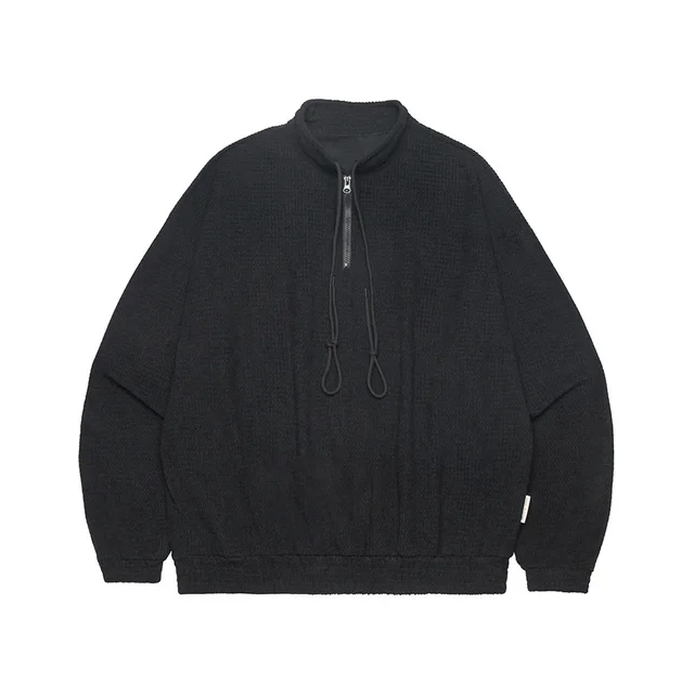 American High Street Half Zipper Drawstring Design Round Neck Sweater Black - Shop at LoveMi
