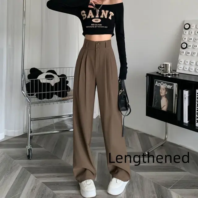 Ice Silk Wide leg Pants Women's High Waist Drooping Suit Pants Brown Lengthened - Shop at LoveMi