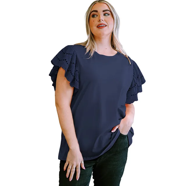 Female Lace Hollow Out Versatile Casual Short Sleeved Shirt Blue - Shop at LoveMi