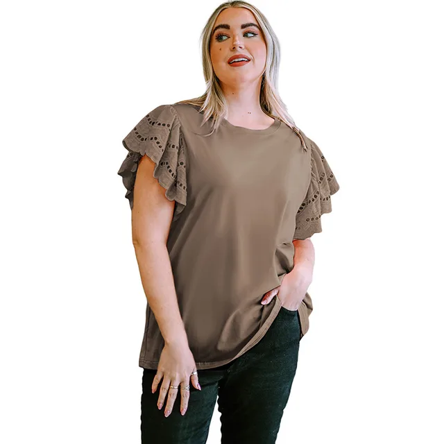 Female Lace Hollow Out Versatile Casual Short Sleeved Shirt Brown - Shop at LoveMi
