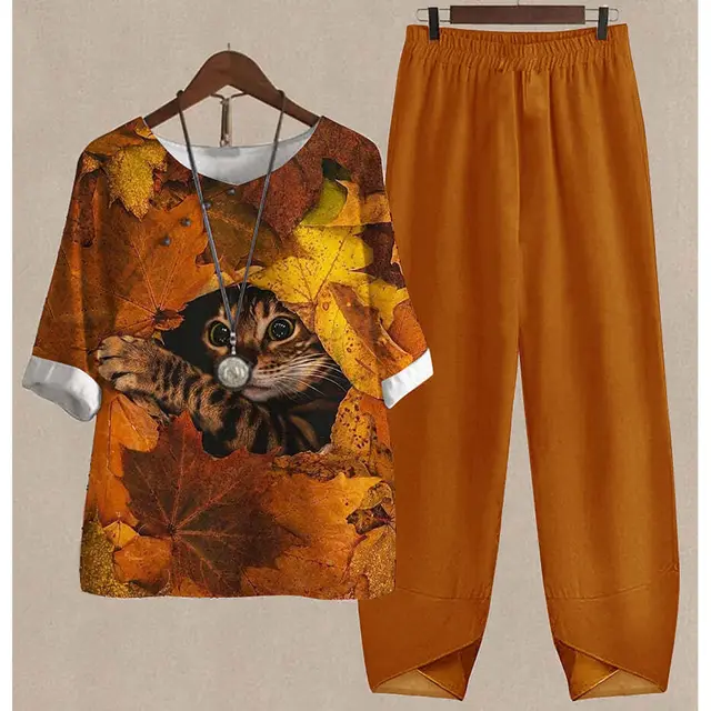 Women's Printed Loose Casual Short Sleeved Pants Set A32Tzlcch230812D - Shop at LoveMi