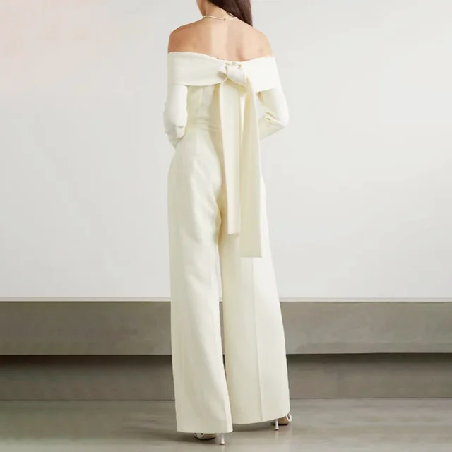 Goddess Temperament Off shoulder Collar Jumpsuit Elegant Socialite High Waist Slimming Draping Wide Leg Trousers Apricot - Shop at LoveMi