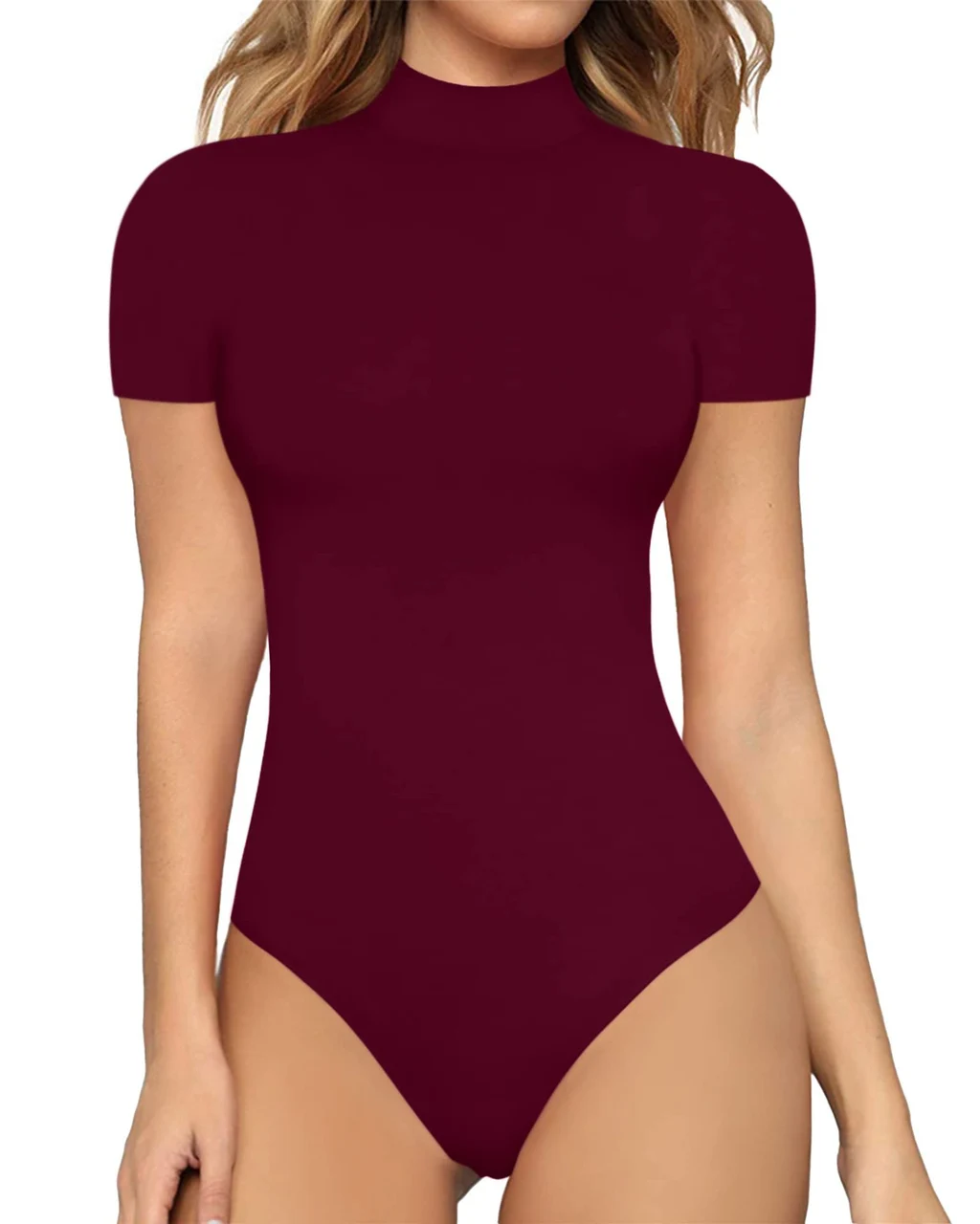 Sexy Solid Color Turtleneck Short Sleeve Rompers Tight - Purplish Red