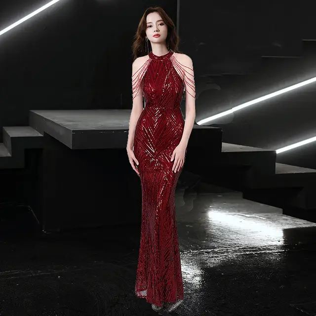 Beaded Sequined Banquet Long Halter Set Diamond Queen Fishtail Evening Gown Wine Red - Shop at LoveMi