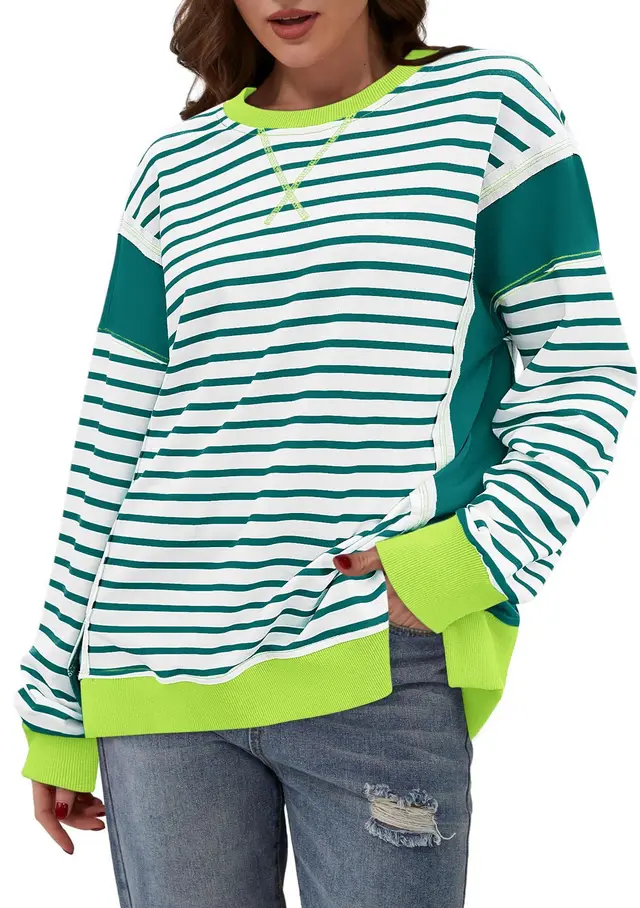 Color Matching Sweatshirt Striped Color Contrast Long Sleeve T shirt Green - Shop at LoveMi
