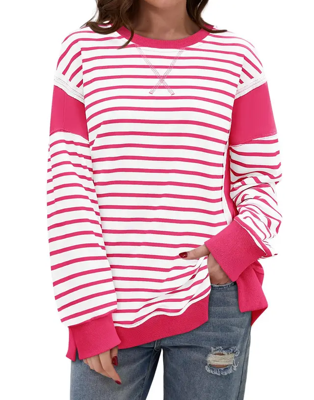 Color Matching Sweatshirt Striped Color Contrast Long Sleeve T shirt Pink - Shop at LoveMi