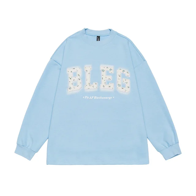 Women's Floral Paste Cloth Embroidery Letter Crew Neck Sweatshirt Lake Blue - Shop at LoveMi