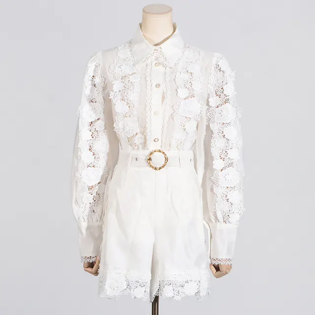 French Style Temperament Elegant Style Fashion Polo Collar Embroidered Lace Shirt Shorts Suit Women White - Shop at LoveMi