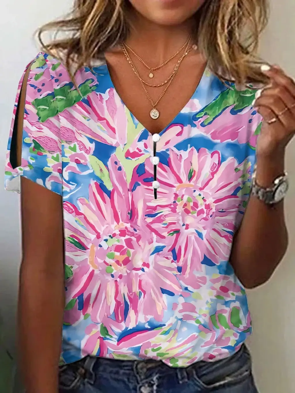 Women's 3d Printed Short-sleeved Button V-neck T-shirt - Zhdxtx24A002