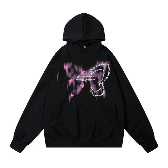 Butterfly Printing Creative Design Sense Hooded Pullover Black - Shop at LoveMi