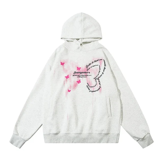 Butterfly Printing Creative Design Sense Hooded Pullover Light Gray - Shop at LoveMi