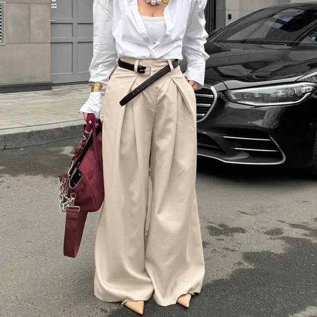 Solid Color High Waist Casual Pants Khaki - Shop at LoveMi