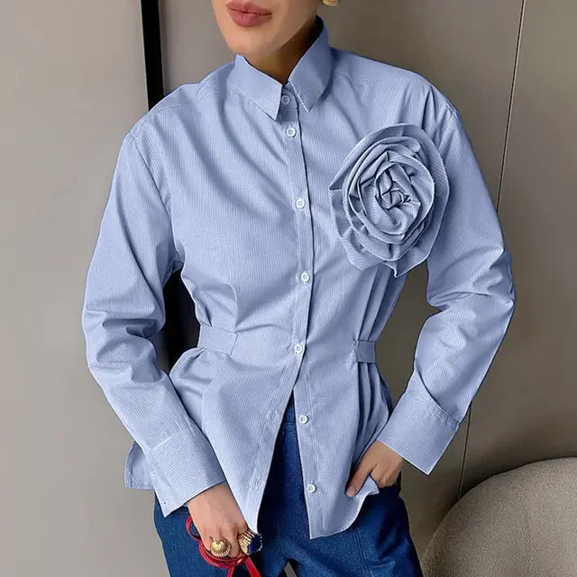 Casual Striped Blue Flower Slim fit Long sleeved Polyester Cotton Shirt Stripes - Shop at LoveMi
