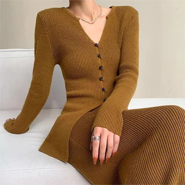 French Wool Suit Classic Style Sweaters Dress Caramel Color - Shop at LoveMi
