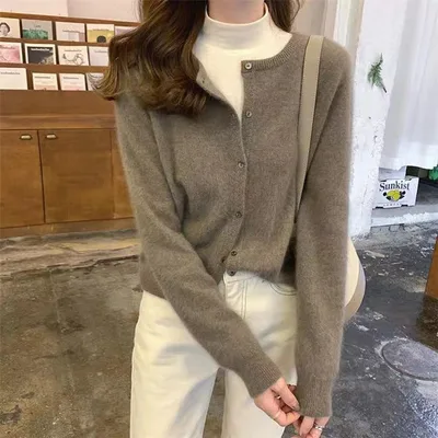 Fashion Round Neck Knitted Cardigan Loose fitting Outerwear Sweater Coat Camel - Shop at LoveMi
