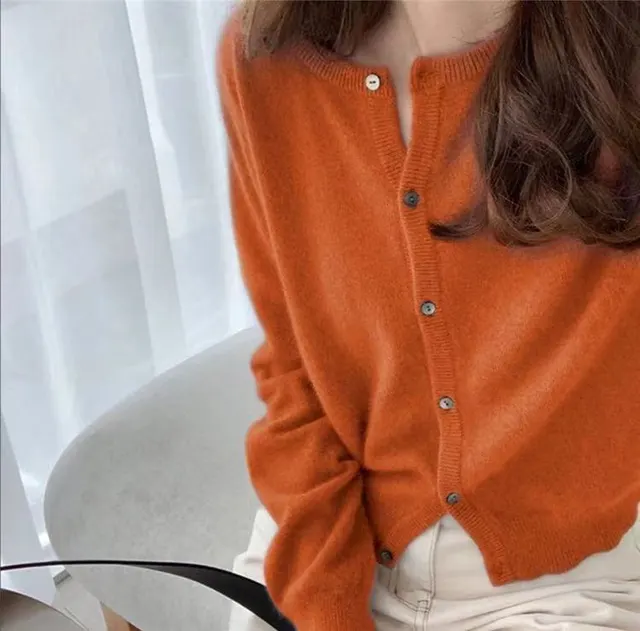 Fashion Round Neck Knitted Cardigan Loose fitting Outerwear Sweater Coat Orange - Shop at LoveMi