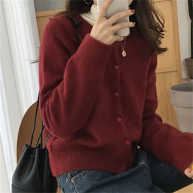 Fashion Round Neck Knitted Cardigan Loose fitting Outerwear Sweater Coat Wine Red - Shop at LoveMi