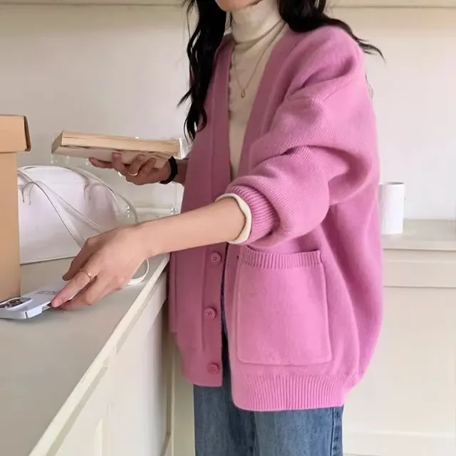 Korean Version V neck Knitted Cardigan Loose Sweater Coat Pink - Shop at LoveMi