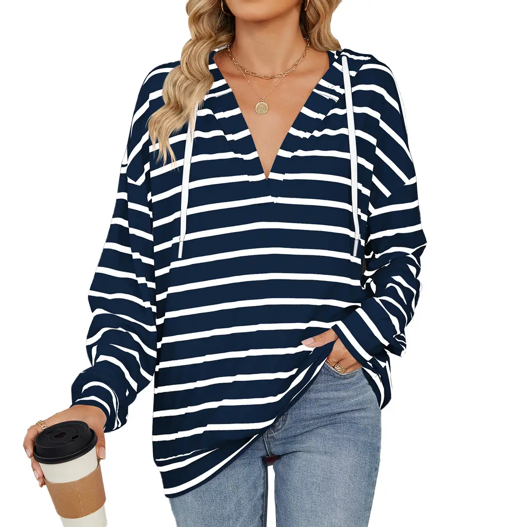 Hoodie With Drawstrings Striped Long Sleeve Sweatshirt Tops - Navy Blue Stripes