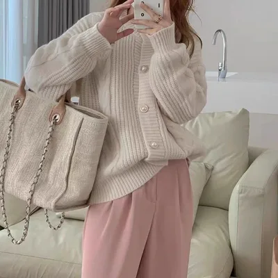 Idle Style Gentle Retro Twist Design Sweater Fashionable Jacket Women Apricot - Shop at LoveMi