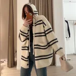 Fall Winter Hooded Striped Knitted Cardigan Women's Top Loose And Lazy Style Coat - Beige