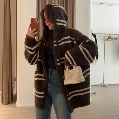 Fall Winter Hooded Striped Knitted Cardigan Women's Top Loose And Lazy Style Coat Brown - Shop at LoveMi