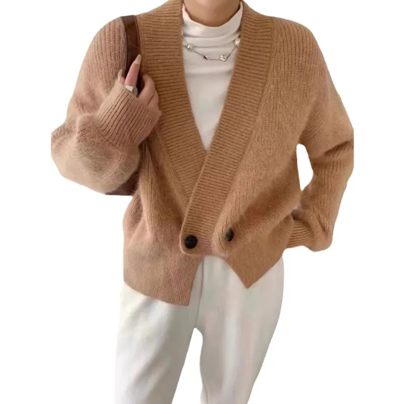 Design Sense Autumn And Winter V Loose Long Sleeve Solid Color Sweater Khaki - Shop at LoveMi