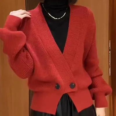 Design Sense Autumn And Winter V Loose Long Sleeve Solid Color Sweater Red - Shop at LoveMi