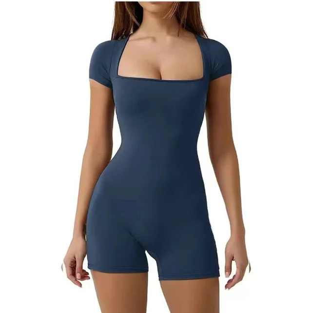 Women's Casual Solid Color Short Sleeved One piece Yoga Suit Navy Blue - Shop at LoveMi