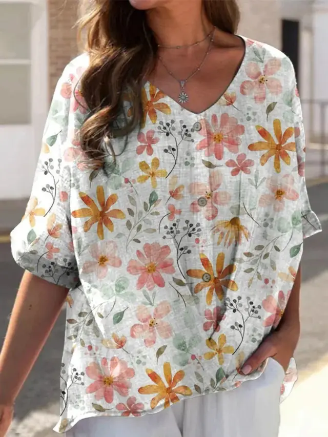Printed V-neck 5 Points Drop-shoulder Sleeve Cotton And Linen Loose Casual Shirt - Small Chrysanthemum