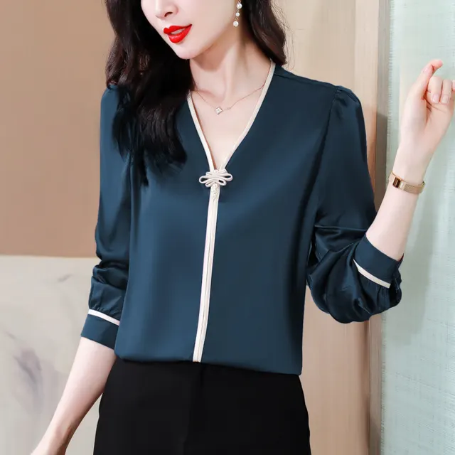 Loose Pullover Shirt V neck Top Peacock Blue - Shop at LoveMi