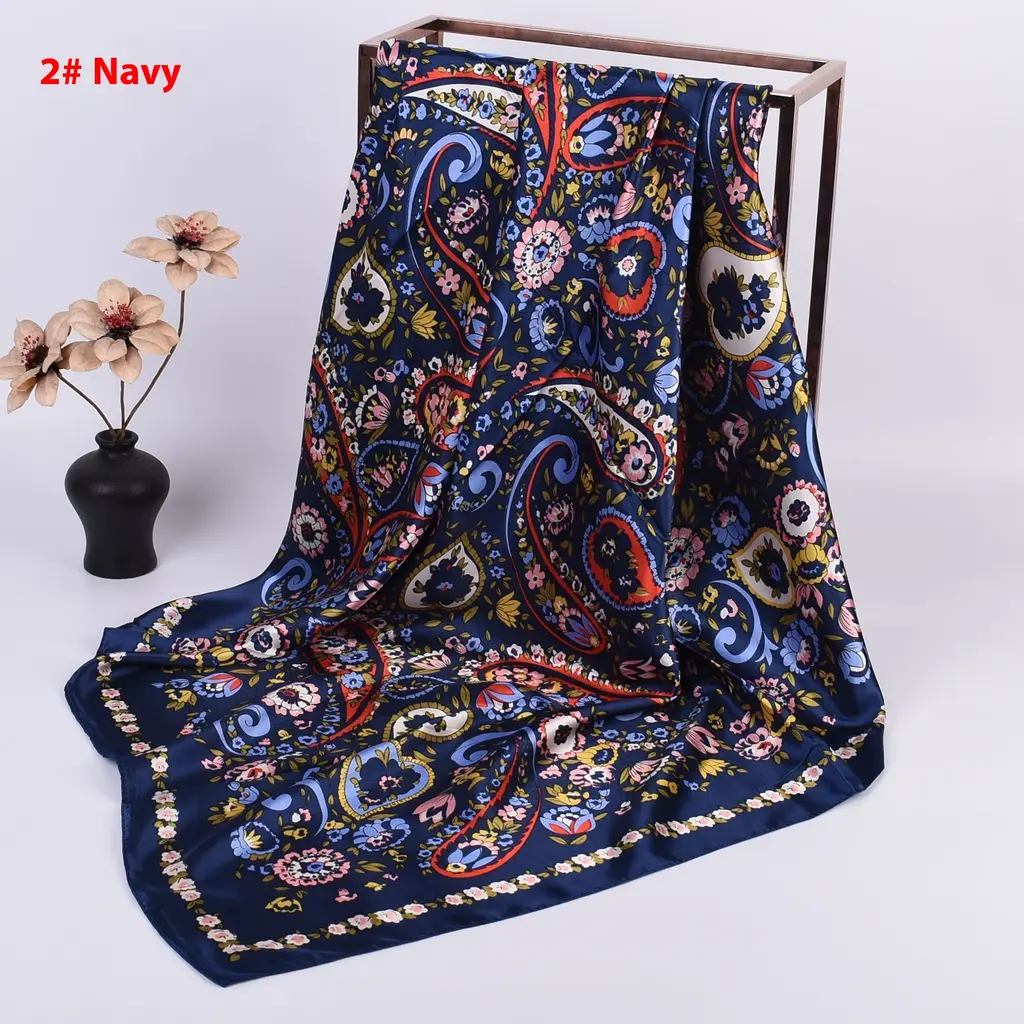 Cashew Printed Silk Scarf Xinjiang Large Kerchief - Navy Blue