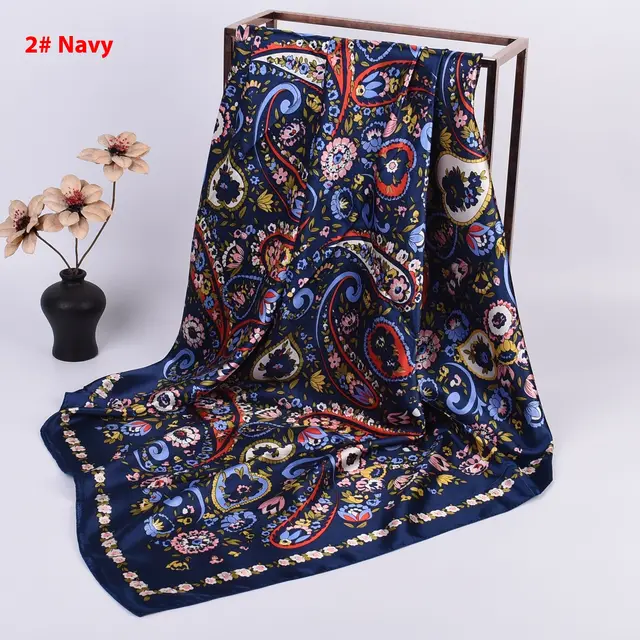 Cashew Printed Silk Scarf Xinjiang Large Kerchief Navy Blue - Shop at LoveMi