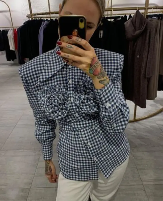 Plaid Large Pointed Collar Decorative Flower Wide Shoulder Lace up Shirt Coat Black - Shop at LoveMi