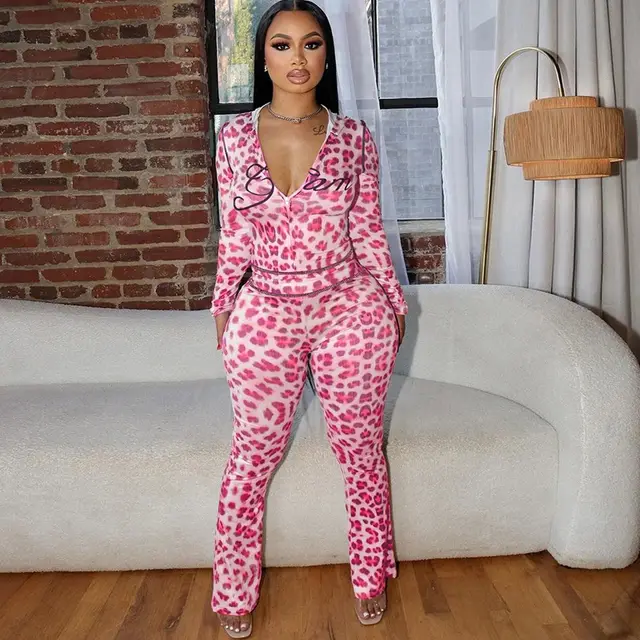Leopard Print High Waist Tight Trousers Suit Pink - Shop at LoveMi