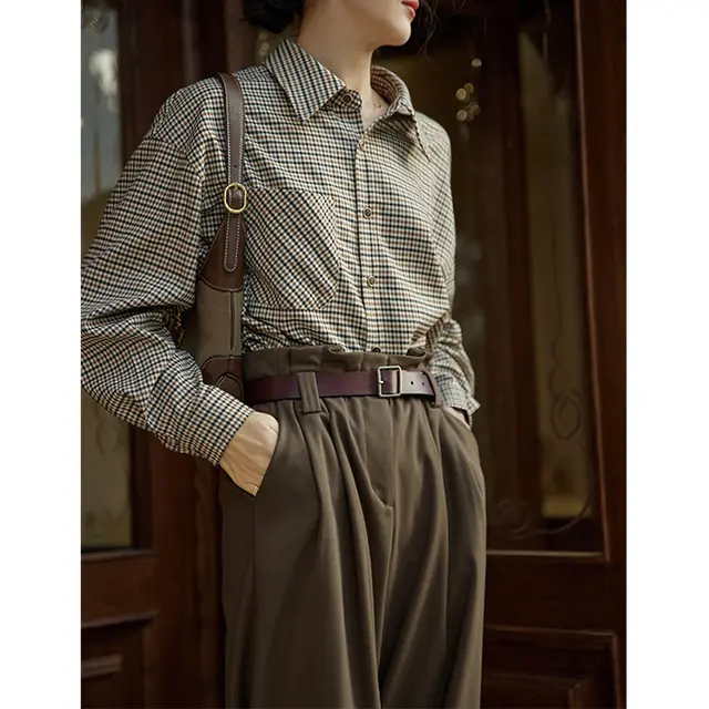 French Style Retro Plaid Shirt For Women Beige Plaid - Shop at LoveMi