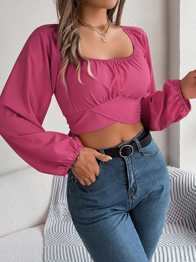 Leisure Lantern Sleeve Lace up Waist Chiffon Shirt Midriff baring Top Rose Red - Shop at LoveMi
