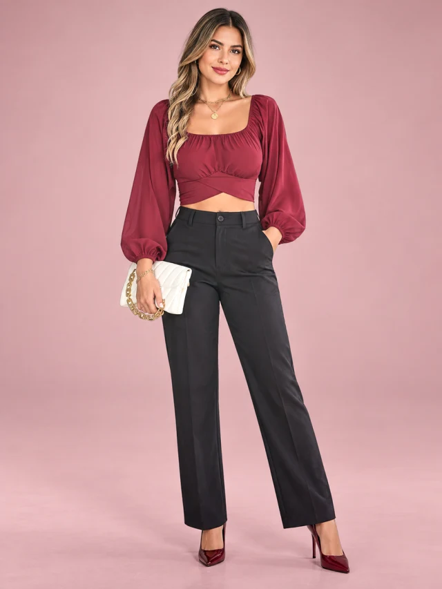Leisure Lantern Sleeve Lace up Waist Chiffon Shirt Midriff baring Top Wine Red - Shop at LoveMi