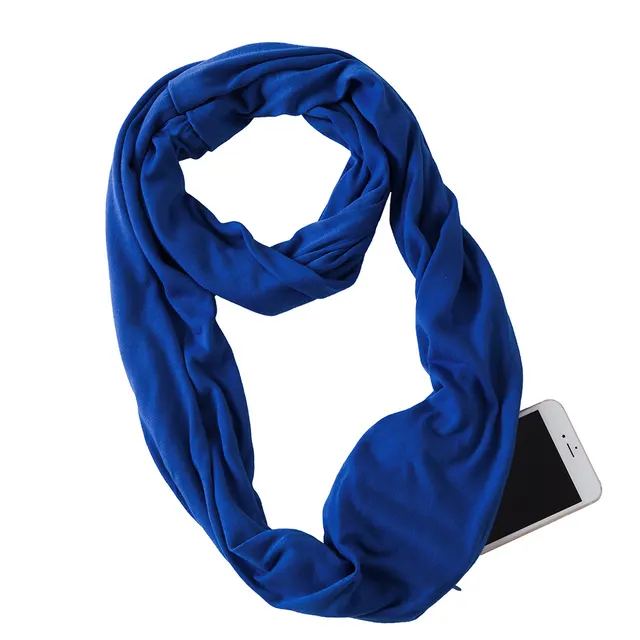 Creative Scarf Women's Solid Color Jersey Storage Zipper Pocket Scarf Blue - Shop at LoveMi