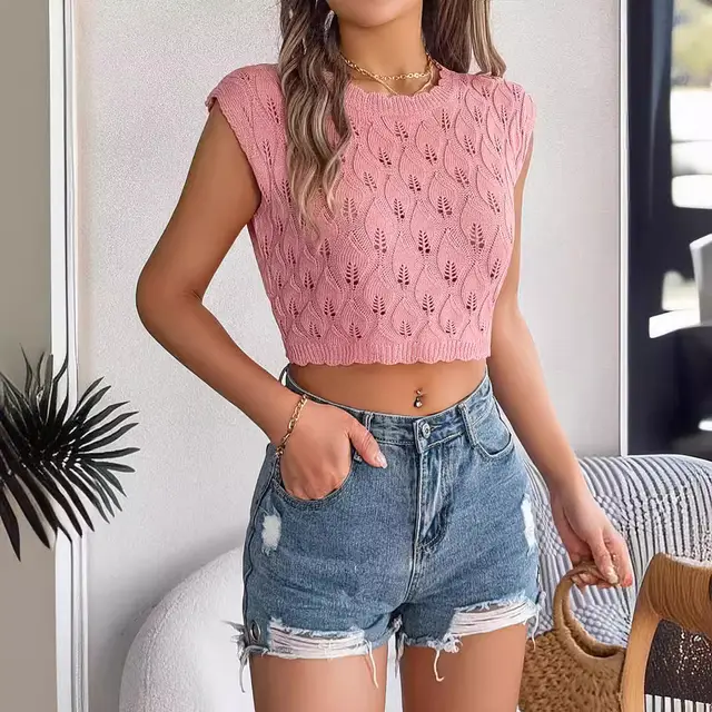 Hollow Leaves Midriff baring Knitted Sweater Vacation Top Pink - Shop at LoveMi